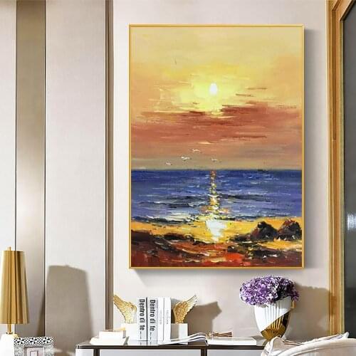 Oil Painting On Canvas Handmade Sea Sunrise Painting Wall Art For Home Office Decorate Hand Painted Abstract Landscape Painting