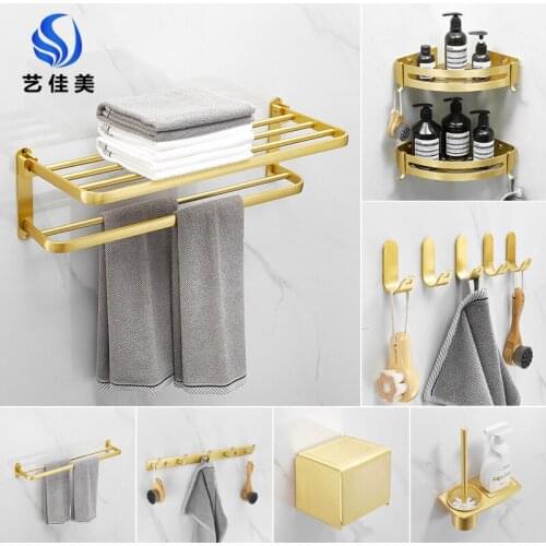 Space aluminum brushed golden towel rack free punch bathroom shelf bathroom hardware pendant set bathroom organizer