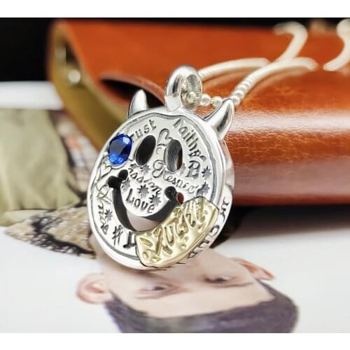 New s925 sterling silver retro personality trendy male hip-hop smiley face pendant graffiti small tag fashion all-match