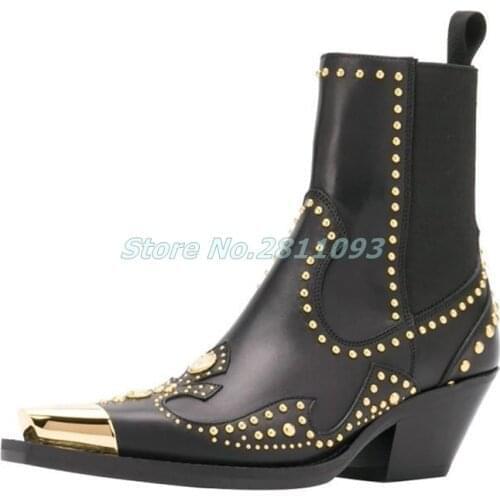Fashion European Metal Toe Rivet Punk Style Booties Medium Chunky Heel Slip On Casual Party Women Shoes Patchwork Boots