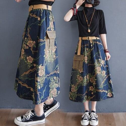 2021 Summer New Plus Size Womens Cotton Denim Retro Printed A-Line Skirt With Pockets Vintage Floral Saia Jeans Mujer zh1572