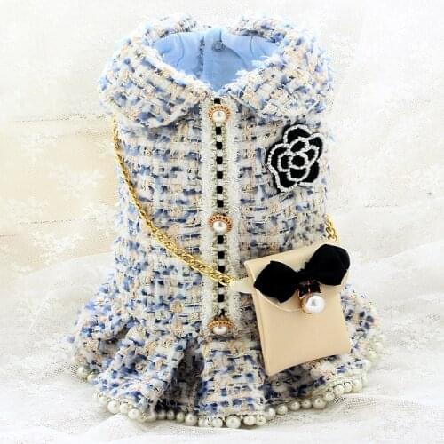 Handmade Tweed Dog Clothes Pet Coat Couples Dress Vest Outfit Snow Sky Blue Pearls Skirt C**L Style Chain Bag Accessories