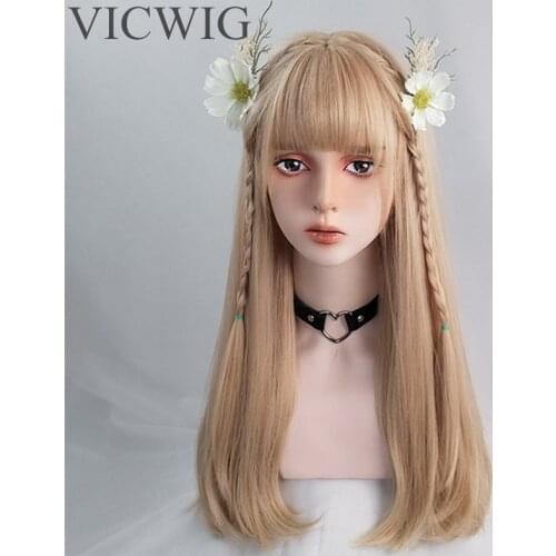 VICWIG Daily Wig Mixed Golden Long Natural Wave Synthetic Wig with Bangs for Women Heat-resistant Rose Net