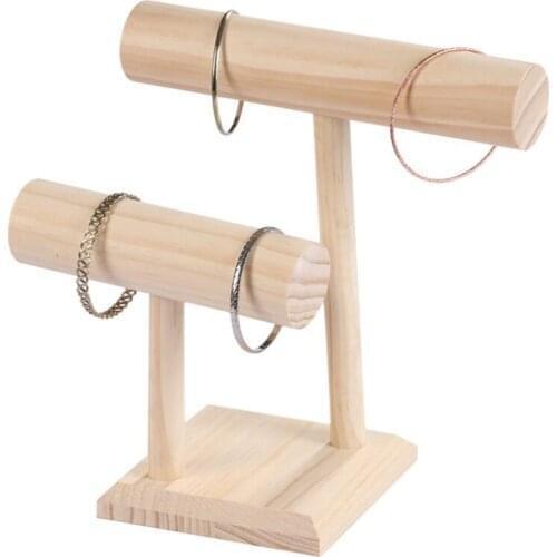 Portable Hard Wooden Bracelet Chain T-Bar Rack Jewelry Display Stand for Bangle Watch Necklace Home Organization Holder Showcase