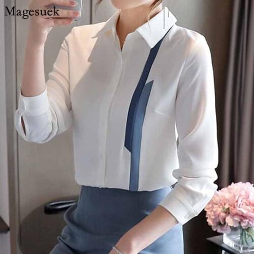 Professional OL White Tops 2020 Elegant Autumn Fashion Stripe Shirt Office Lady Chiffon Long Sleeve Shirts Women Blouses 10613