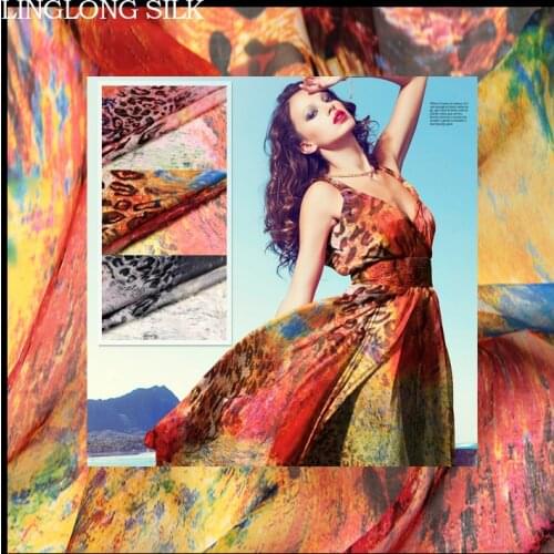 PRINT SILK CHIFFON FABRIC 6mm Width 53"-135cm100% Pure Silk Chiffon Fabric For Dress Fabric Wholesale Grey Color Leopard