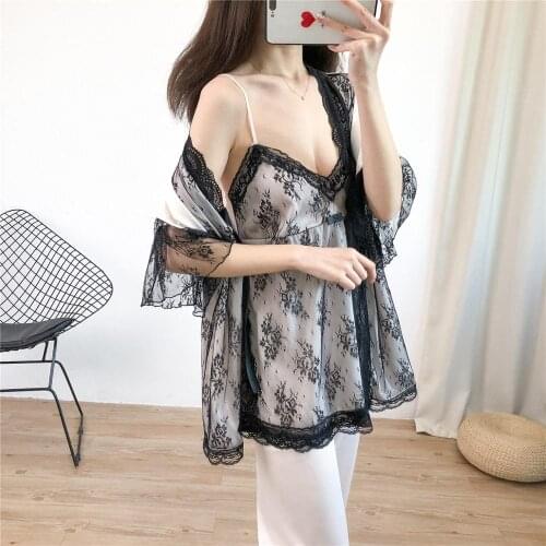 Spring Autumn lady with chest cushion imitation silk lace halter pants robe three suits sexy temptation Sleepwear пижам