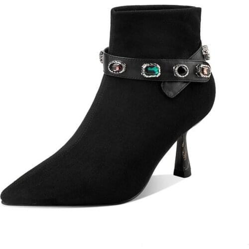 Suede Leather Bowties Ankle Boots Sexy Pointed Toe Thin High Heels Night Club Dress Shoes Black Gray Woman Ankle Boots