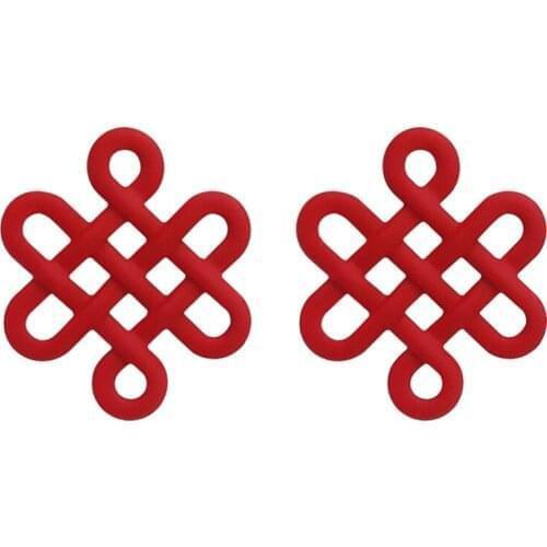 New Year Jubilant Red Chinese Knotting Square Chinese Characters Alloy Stud Earrings Women Girls Jewelry Accessories
