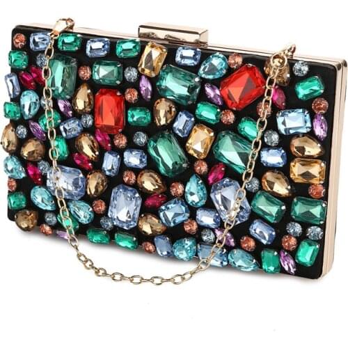 Womens Clutch Bag Wedding Purse Evening Bags Diamond Beaded Gem Stone Black Wallet for Women Shoulder Bags with Two Chain ZD636