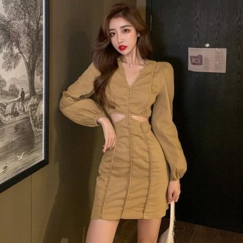 Slim elegant cargos dress for women fall 2020 new fashion French ladies slim sexy hole waist long sleeve short dress women