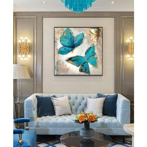 100% Hand Painted Abstract Modern Blue Butterfly Art Oil Painting On Canvas Wall Art Wall Painting For Live Room Home Decoration
