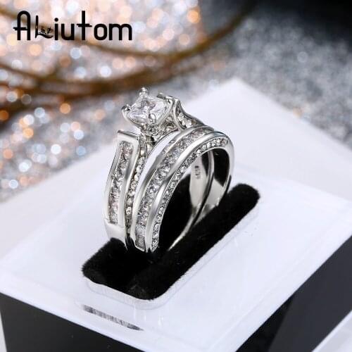 2 PCS/Lot Charm CZ Lovers Rings Fashion Jewelry Silver Color Crystal Engagement Wedding Ring For Women Men Couple Ring Set