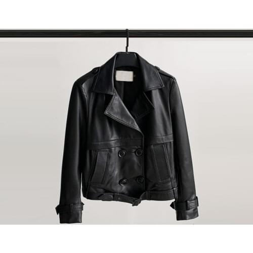 2021 Leather Short Leather Womens Sheepskin Suit Collar Double-breasted Motorcycle Leather Jacket Coat Shearling Jacket Women