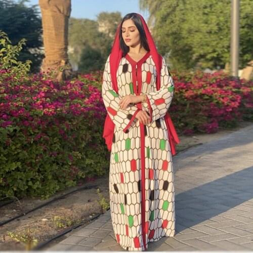 2021Muslim Dubai Maxi Dress For Women Fashion V Neck Moroccan Turkey Arabic Islamic Clothing New Plus Size Dresses