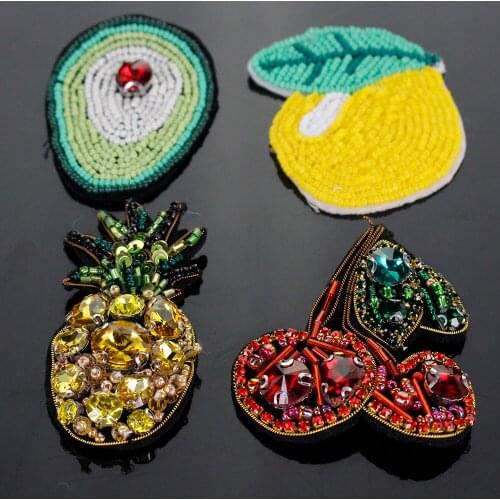 3D Handmade Rhinestone beaded Patches fruit, Indian silk Cherry,Avocado Sew on patch for clothing beading Applique cute patch