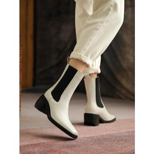 EshtonShero Women Chelsea Boots Real Leather Platform Winter Shoes For Woman High Heels Warm Mid Calf Boots Office Lady Footwear