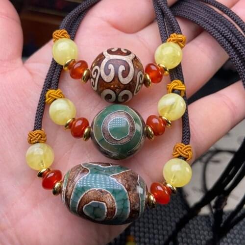 Ancient Natural Tibetan Dzi Agates Pendant Necklace Three Eyes Red Agat Real Turquoises Stone Choker Necklace for Women Healing