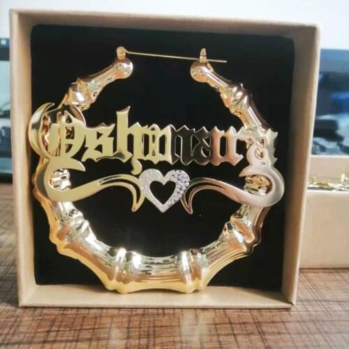 Custom Hoop Bamboo Names Earrings with Bling Heart Name Bamboo Earrings Personalized Letter Big Name Earrings Women Gift