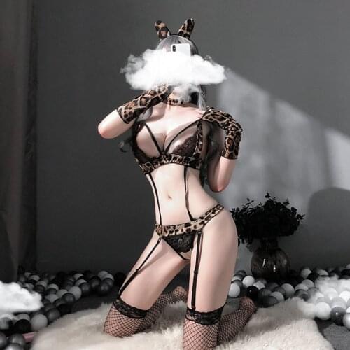 Sexy Cat Girl Uniform Print Leopard Cosplay Women Wild Animal Halloween Costume Headband Roleplay Uniform School Girl Costumes