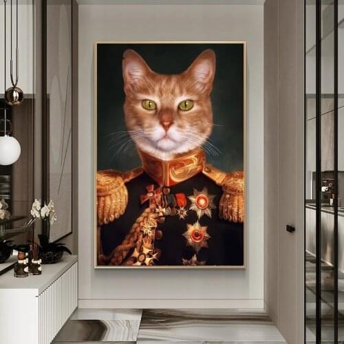 Cat In Military Uniform Canvas Paintings Wall Art Posters and Prints Classical Animals Cat Art Pictures For living room Cuadros