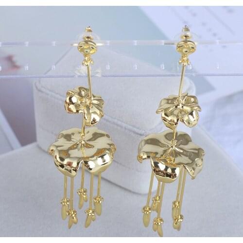 Creative metal flower three-dimensional lotus leaf tassel multi-drop wind chimes earrings