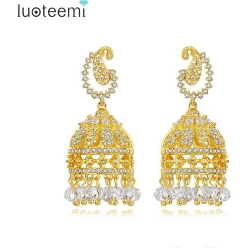 LUOTEEMI Palace Style Big Drop Earrings for Women Exquisite Cubic Zircon Small Crystal Tassel Indian Jewelry Christmas Gifts