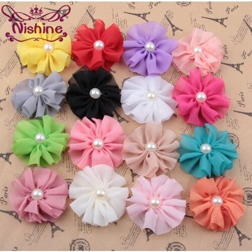 Nishine 30pcs/lot 2.4" Chiffon Flower With Half Pearl Center For Children Women Headband Hair Clip DIY Hair Accessories
