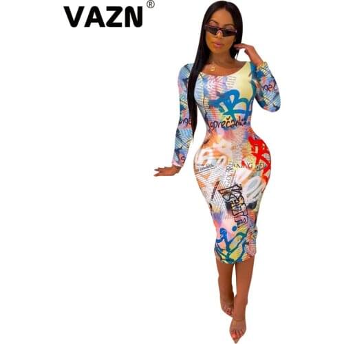 VAZN ALS138 New Upmarket Vintage Popular Sexy Club Mature Age Fashion Full Sleeve Elastic High Waist Women Skinny Long Dress