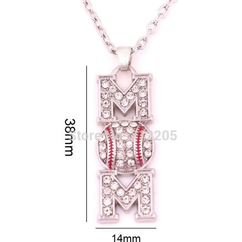 Mothers Day Gift zinc studded with sparkling clear crystals Baseball Mom Pave Crystal Pendant chain necklace