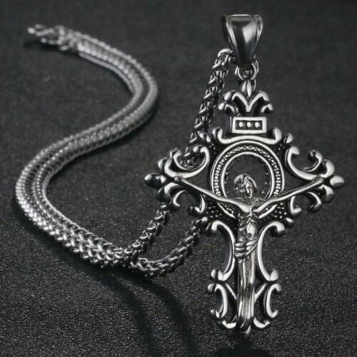 JESUS Cross Pendant&Necklace for Men Vintage Stainless Steel Link Chain Necklace Metal Religious Jewelry Statement Gifts NC052