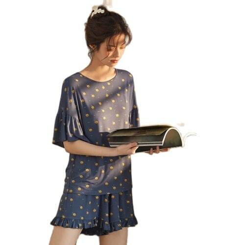S041 Autumn Womens Modal Loose Pajama Set Short Sleeve Shorts sleepwear