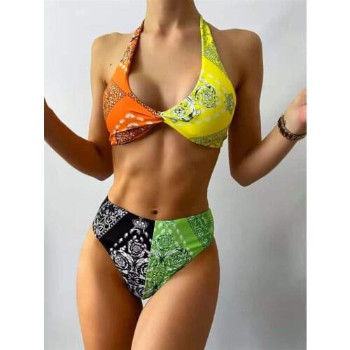 Sexy High Waist Bikini Women Floral Print Patchwork Push Up Front Bow Swimsuit Bathers Bathing Suit Two Piece Swimwear Biquini