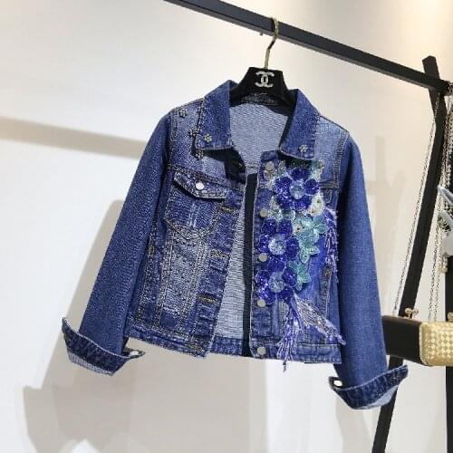 2021 New Autumn Winter Womens Denim Coat Embroidery Flower Beads Casual Denim Clothes Slim Short Jean Jacket for Women Ladies