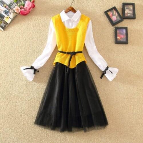 2021 Women Autumn Winter Elegant Sets Female O-neck Sweater Vest + Spliced Net Dress 2 Pcs Set Lady Slim Casual Lace Up Suit I61