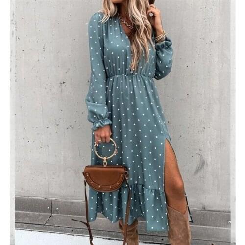 Happie Queens women point print full sleeve beach loose ruffles Bohemian maxi dress Ladies v-neck Boho sundress vestidos
