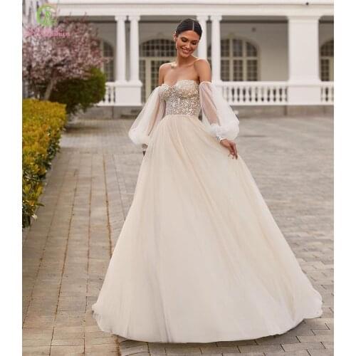 SSYFashion New Wedding Dress for Bride Sweetheart Lantern Sleeve A-line Sexy Backless Beading Beach Party Wedding Gown Vestidos