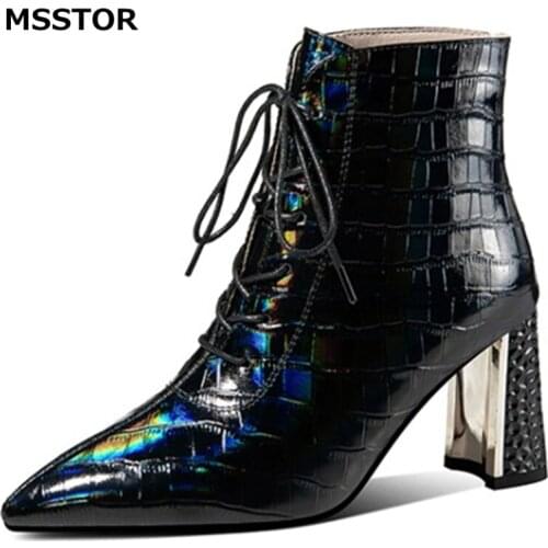 Lace-up Pointed Toe Winter Shoes Women Sewing Thick Fashion Party Black High Heels Ankle Boots Genuine Leather Sliod Casual New