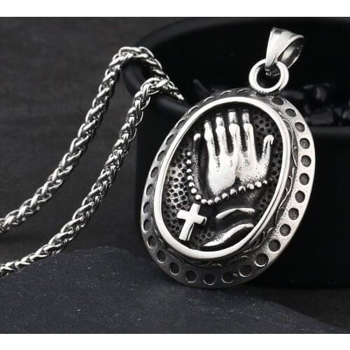 Round Pendant Prayer Hand Cross Stainless Steel Link Chain Necklaces for Men Women Quality Religious Jewelry Accessory MN119