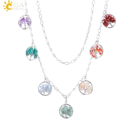 CSJA Reiki Maxi Bohemian Necklaces 7 Chakra Wisdom Tree of Life Pendants Natural Chip Gem Crystal Stone Ethnic Jewelry Gift F002