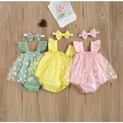 Toddler Baby Flower Printing Bodysuits Infant Girls Square Collar Sleeveless Mesh Bodysuit Skirt Headband Sunsuits