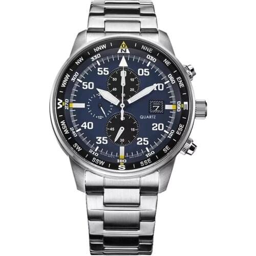 Diameter 44mm quartz watches men six-hand chronograph stainless steel watch single folding clasp men watch waterproof