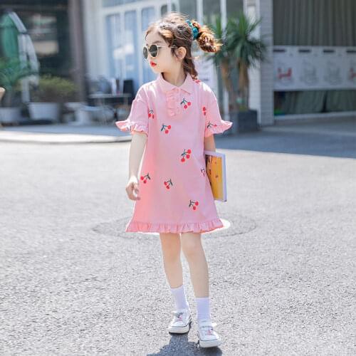 Short Sleeve Kids Girl Green Pink Cherry T shirt Dress with Cherry Fashion Girl Cute Style Cotton Oversized Tshirt Dress for Kid