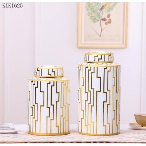 American Ceramic Vase Storage Jar Golden Striped Candy Jar Flower Vase Countertop Decoration Storage Container Home Decoration