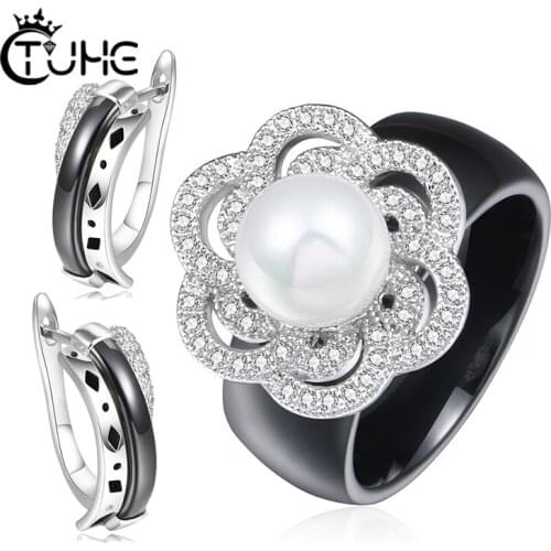 Big Pearl Flower Ceramic Ring Jewelry Sets Luxury Earrings Rings Stud Earrings Ceramic Jewelry Sets Christmas Gift For Women