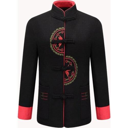 Traditional Chinese Tang Suit Winter New MenS Long Sleeve Jacket Autumn Embroider Woolen Coat Mandarin Collar Мужская Одежда