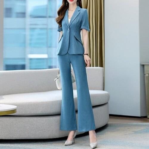Summer Elegant 2-pieces Women Short Sleeve Blazer Casual Streetwear Female Flare Pants Suits Chic Office Ladies Women Coat Suit