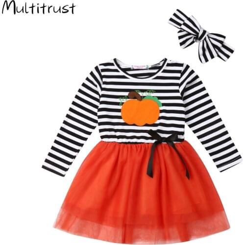 Halloween Cute Baby Kids Girls Dress Long Sleeve Striped Tulle Tutu Party Dress Headband 2PCS Pumpkin Children Clothing1-6T