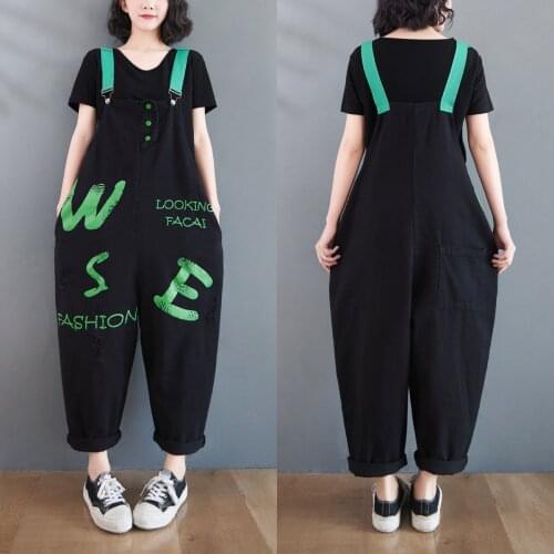 Fashion Personality Letter Jeans Look Thin Denim Harem Overalls Women Loose Printed Trousers Casual Nine-poin Jumpsuit Bib Pants
