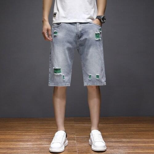 6194 Summer Mens Denim Hole Shorts Loose Oversize Color Contrast Streetweat Male Youth Cool Guys Cowboy Five-Point Trousers